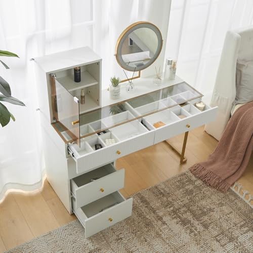 KSFASHZ Set da toeletta con specchio e illuminazione LED, tavolo da trucco grande con cassetti e piano in vetro trasparente, mobile da trucco moderno bianco, montaggio flessibile