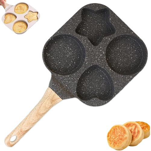 Padella antiaderente per uova a 4 fori, padella antiaderente stella e cuore, padella per frittata per pancake, hamburger, pancetta, gas, fornello a induzione (nero)