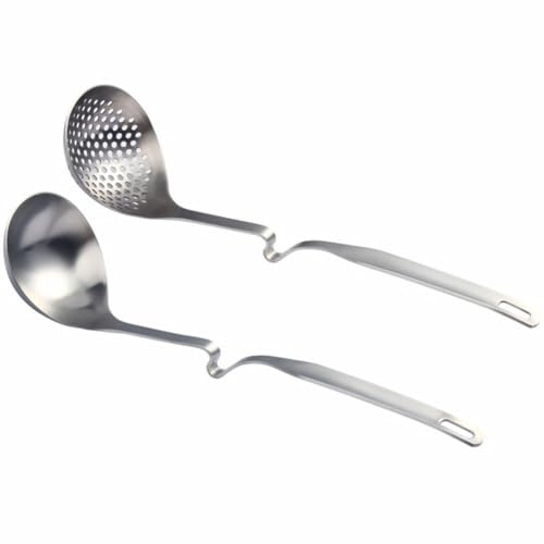 MUELODSIC 2 pièces Louche Inox Suspendue avec Cuillère à Soupe et Écumoire à Manche Long avec Crochet Ustensiles de Cuisine pour Maison Restaurant Hotpot et Buffet