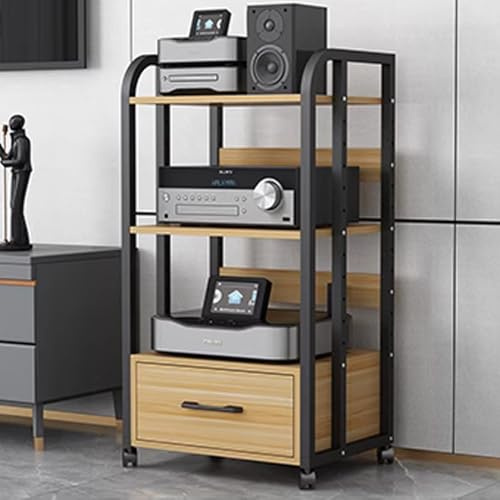 Soporte Audiovisual móvil con cajón, estantería de Audio y vídeo de 3/4 Niveles y 100 cm de Alto, Mueble para componentes de Consola, Amplificador, Equipo de música, Videojuegos, proyector y