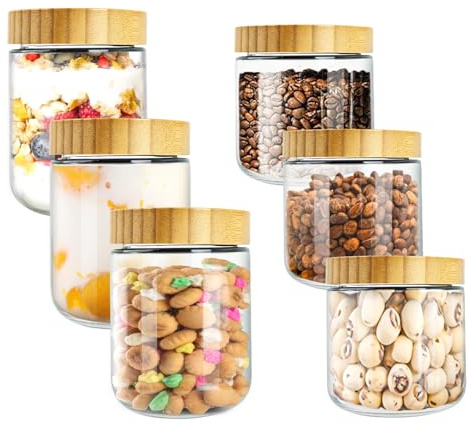 6 Pezzi Barattoli Ermetici di Vetro con Coperchio, Barattoli di Avena con Coperchio di vetro, Vasetti Vetro con Tappo, Contenitore di vetros per Avena, Marmellata, Miele, Yogurt, Insalata, 300/500ml