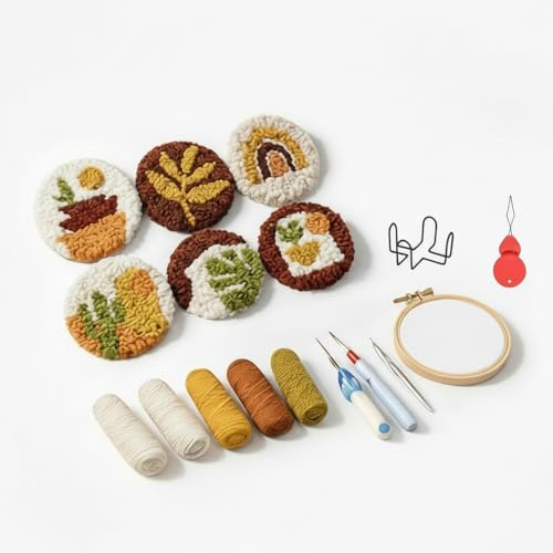 Punch Needle Set, Easy DIY Embroidery for Beginners, 6er Punch Needle DIY für Anfänger & Erwachsene - Inklusive Stanznadeltuch, Garne, Stickrahmen, Anleitung & Halter, Weihnachten Geschenk Set