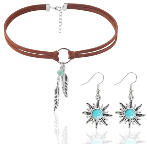 RAOPNHS 2 Stück Boho Schmuck Set, Feder Choker Halskette, Türkis Ohrringe, Indianer Schmuck, Wikinger Kostüm Damen, Boho Kleidung Damen, Hippie Festival Accessoires, Ideale Geschenk für Frauen
