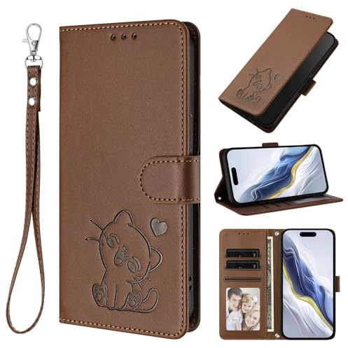 TUUNKMUY för Cricket Magic 2 5G fodral, flip PU-läder, präglad katt, stötsäker, bokplånboksfodral med stativ, magnetisk folio, TPU-stötfångare, gel, skyddande telefonfodral för Cricket Magic 2 5G brun