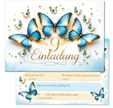 JuNa-Experten 12 Einladungskarten zum 9. Kindergeburtstag Schmetterling Kinder Mädchen coole Einladungen neunte Geburtstag Mädchengeburtstag Geburtstagseinladungen