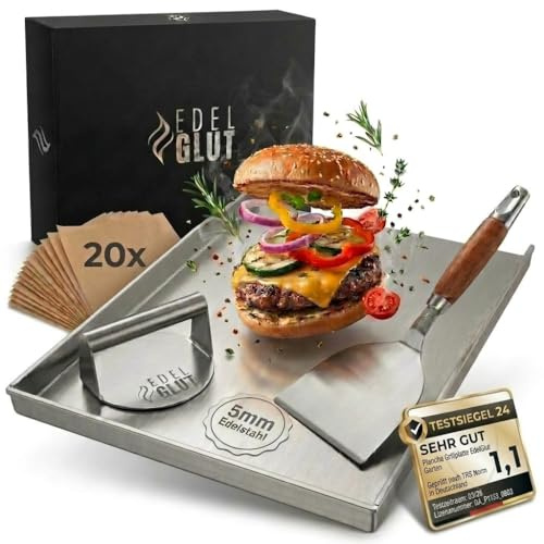 Plancha-Grillplatte-Set - 5mm Premium-Edelstahl-Grillplatte inkl. Burgerpresse, Grillspachtel, Burgerpapier, Rezeptbuch - Smash-Burger-Set - Grill-Zubehör-Männer-Geschenk