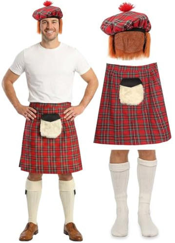 Skotsk skotsk kostym set: Tartan kilt med bifogad dragkedja sporran, Tam o' Shanterer-hatt med hår och kvalitetsstrumpor - Highland Scotland Burns Night St Andrews Day maskeraddräkt
