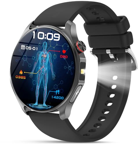 Lgnitek 2026 Smartwatch Herren Damen mit EKG+HRV/BMI/Harnsäure/LED-Licht, 1,43 AMOLED Gesundheitsuhr mit 24H Blutdruck SpO2 Schlafmonitor SOS-Notruf Fitnessuhr Android/iOS (Schwarz)