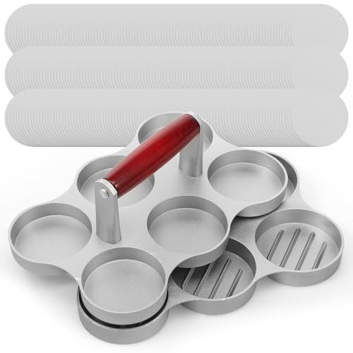 AULSAM Presse à hamburger pour 6 mini burgers - Mini presse à hamburger en fonte d'aluminium avec revêtement antiadhésif et 300 feuilles de papier sulfurisé pour plusieurs personnes (argenté, 1 à 6