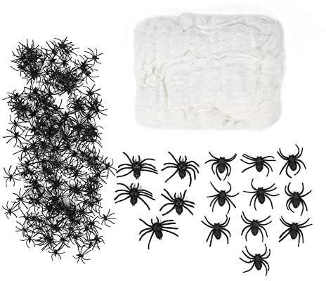 NOENNULL Telarañas Telarañas Elásticas Realistas para Decoración de Casa Encantada de Halloween Interior y Exterior, Falsas de 200 G con 215 Arañas de Plástico para Decoraciones de Fiesta de Halloween