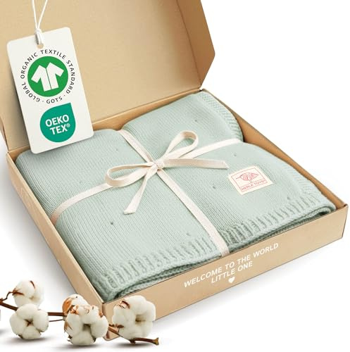 Premium Babyfilt i Bomull, 100% Ekologisk – GOTS- och OEKO-TEX-certifierad stickad Mjuk Filt Baby, Filt för Nyfödd, Blanket Newborn Baby, stickad Babyfilt som andas, Mint