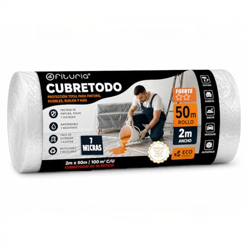 OFITURIA Abdeckfolie Rolle 2x50 m Stark Transparent, Malerfolie Für Möbel Und Böden, Plastikfolie Zum Abdecken Für Renovierung Und Heimwerken (2x50 m, 100 m², 7 Mikron)