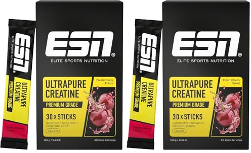 ESN Ultrapure Creatine Monohydrate Sticks, 30 Sticks, 30 Portionen, Fresh Cherry, Creatin Pulver, mikrofein & perfekt löslich, vegan - made in Germany (Packung mit 2)
