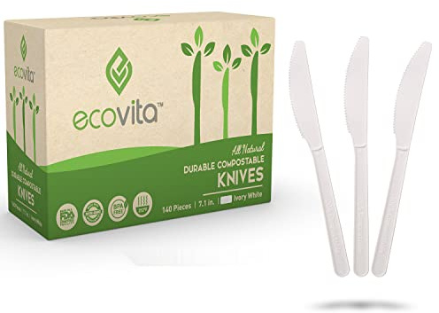 Ecovita 100% Compostable Knives - 140 Large Disposable Utensils (7 in.) Eco Friendly Durable and Heat Resistant Alternative to Plastic Knives with Convenient Tray