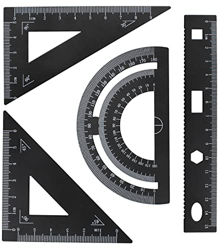 inodiref Juego de Herramientas de Geometría de 4 Piezas de Regla de Metal, con Regla de 15 cm, 180° Transportador y Escuadras 45° y 60°, Triangular de Aluminio Para Arquitectos, Estudiantes(Negro)