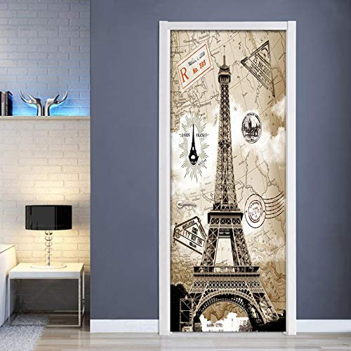 FHKGIUJAD Türtapete Selbstklebend Vinyl Türposter 3D Vintage Eiffelturm Muster Diy Türaufkleber Türfolie Türposter Selbstklebende Tür Abnehmbare Heimtapete Dekorative Kunst 40X120Cm