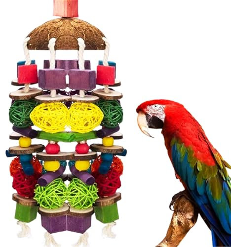 MQUPIN Vogel Papagei Kauen Spielzeug,22 Inch Papagei Kauspielzeug Buntes Natürliches Sicheres Holz Block Schaukel zum Kauen für Alle Papageien & Vogel(Bunt)