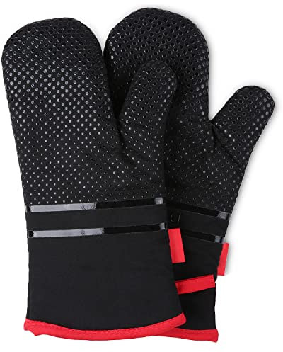 ZZWW Ofenhandschuhe, Topflappen Handschuh, Silikon Backofenhandschuhe, Kochhandschuhe für Küche, Kochen, Backen, Grillen, Hitzebeständig bis 300°C (2er-Pack), BPA Frei, Schwarz, ‎2 x 18 x 33 cm
