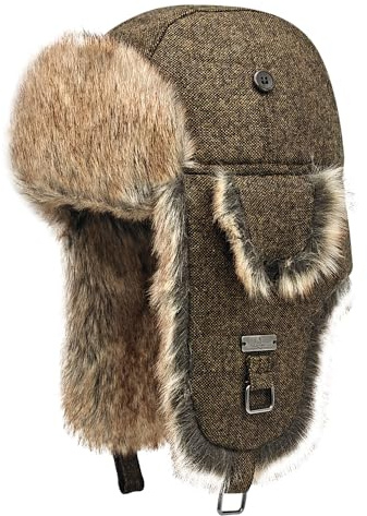 Kurhatic Unisex Fliegermütze Winter Wool Mütze Warme Pilotenmütze mit Kunstfell Ohrenschützer Wintermütze für Herren und Damen