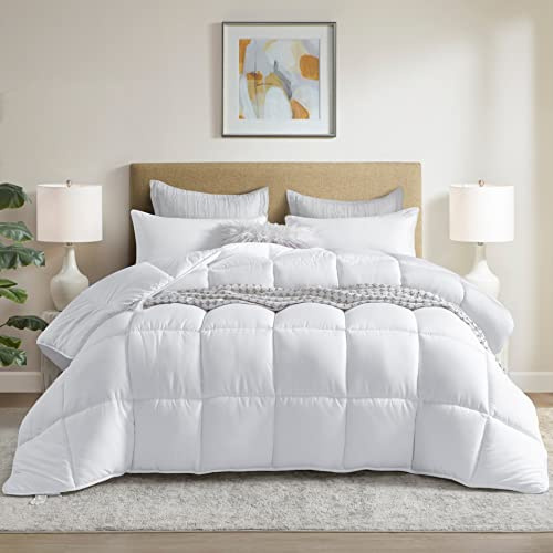 Dorrin Nessin Biancheria da letto bianca invernale extra soffice per letto matrimoniale, piumone alternativo, pesante, per tutte le stagioni, con inserto in fiberfill con 8 linguette angolari