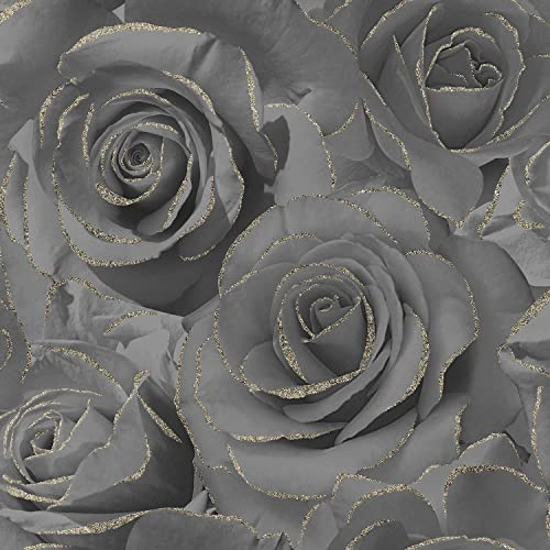 Madison Glitter Black Wallpaper - Gold Floral Rose Flower - Textured Modern Contemporary Feature Wall