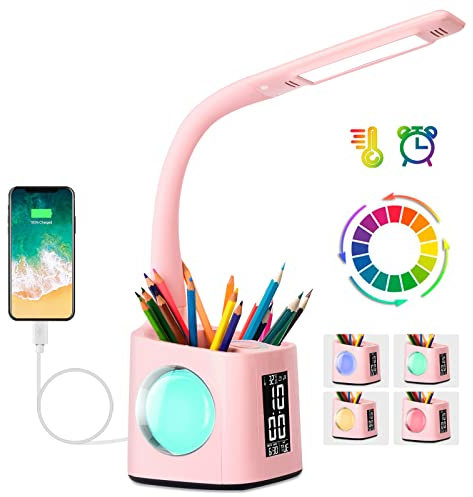 Wanjiaone Schreibtischlampe Kinder LED,Tischlampe Dimmbar mit Uhr, Nachttischlampe Tischleuchte mit 256 RGB Nachtlicht/Stifthalter/USB-Anschluss/3 Helligkeitsstufen/Wecker/für Studium, Büro