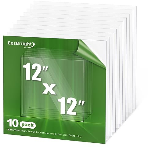 EasBriight 10-Pack of 12×12×0.02 PET/Plexiglass Sheets, Transparent Flexible Plastic Sheet Panels, for Painting, Crafts, Signs, Picture Frames, Arts, DIY Display Project