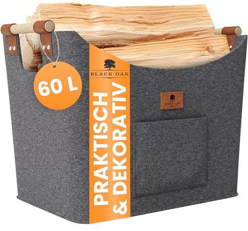 BLACK OAK Montana XL 60L Filzkorb & Holzkorb für Kaminholz - Echt-Leder Applikation + breite Griffe + Fronttasche extra groß - Filz Tasche Korb für Holz faltbar Transport & Aufbewahrung grau