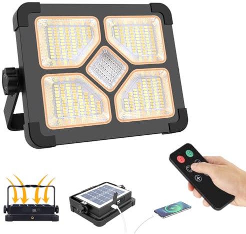 ERAY Faro LED Ricaricabile 150W, Faretto LED da Cantiere Portatile Con Telecomando 5 Modalità/Batteria da 15000mAh/296 perle LED/Pannello Solare, Ideale per Emergenza, Campeggio, Riparazione