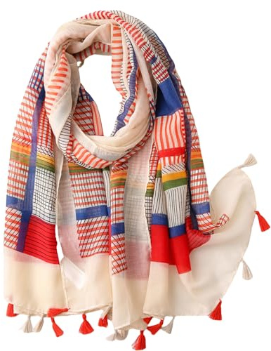 WaJuemy Travel Boho Scarf for Women Casual Lightweight Pashmina Scarves Fashion Multicolor Shawl Wraps with Fringed Beads (02 Beight Multi)