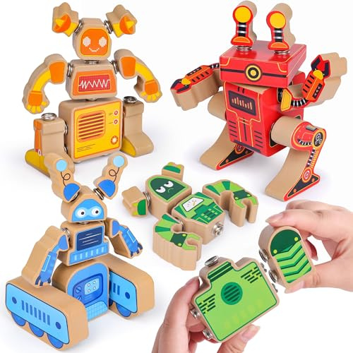 Coogam Wooden Robot Building Block Set for 3 4 5 Years Old Kids | Snap Together Robot Builders, STEM Take Apart Robot Playset, Fine Motor Skill Educational Learning Toy