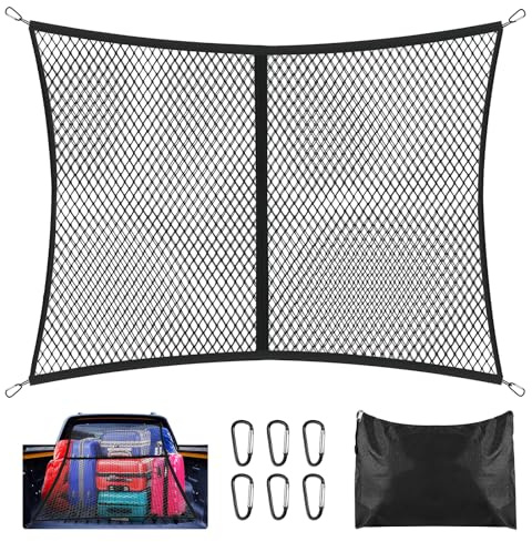 homdat Hochelastisches Gepäcknetz 120x120cm (dehnbar bis 210x210cm) - LKW-Bett-Organizer mit 6 Stahlkarabinern fürs große SUVs, Transporter, Busse, Vans • Ladungssicherung, Einlagige