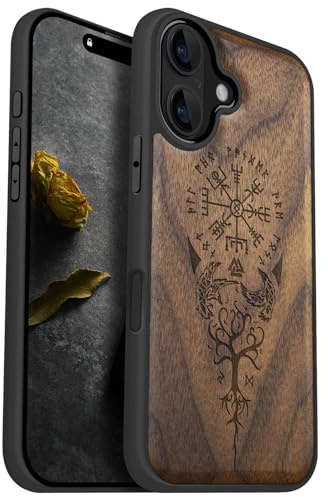 Carveit Holz Cover für iPhone 16, Nussbaum-Wikingerkompass | Handyhulle kompatibel MagSafe Massivholz für iPhone 16 Handyhülle Stoßstange Weich TPU Case