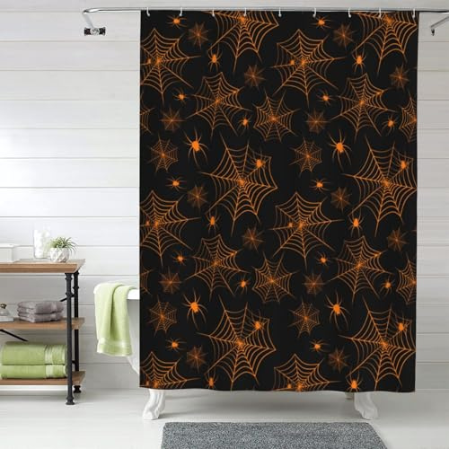 Rideau de douche en tissu pour salle de bain – 152,4 x 182,9 cm – Rideau de douche opaque avec crochets – Toile d'araignée orange d'Halloween