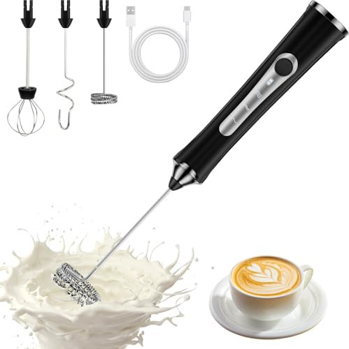 NEUTYPECHIC Milchaufschäumer Elektrisch Stab, USB-C Aufladbar Milk Frother, Milchschäumer Stab mit 3 Geschwindigkeiten, Abnehmbarem 3 Aufschäumköpfe für Kaffee/Latte/Cappuccino/Creme/Cocktails