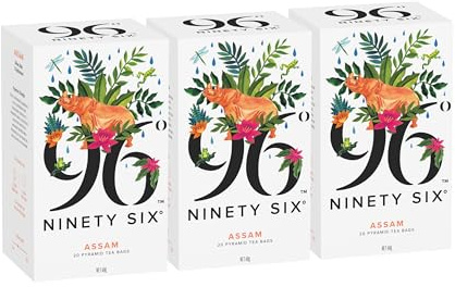 96° Assam Tea – Pack of 3 × 20 Pyramid Tea Bags (60 Bags), Bold, Malty & Robust, Black Tea, Sugar free, Individually Wrapped Recyclable Envelopes, Plant-Based Tea Bags with No Microplastics