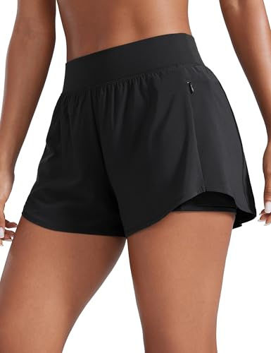 CRZ YOGA Double Layer Running Shorts for Women 3 High Waisted 2 in 1 for Athletic Tennis Workout with Zip Pockets Black Medium