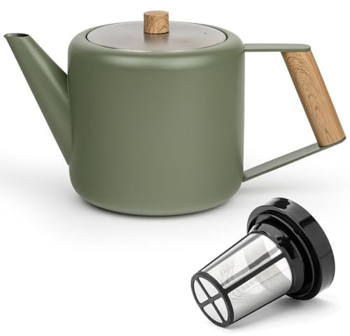 Bredemeijer grüne doppelwandige Teekanne 1.1 Liter aus Edelstahl - große isolierende Edelstahlkanne mit Teefilter-Sieb-Aufsatz