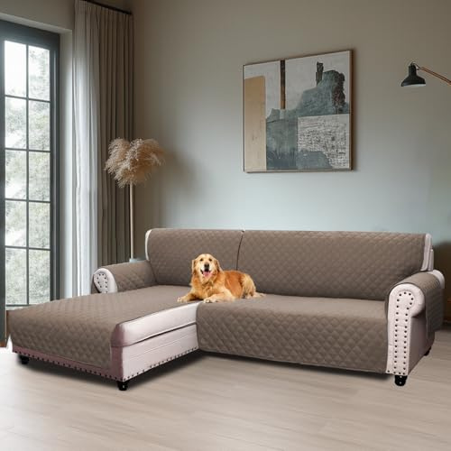 BellaHills Sofabezug L Form 3 Sitzer (247cm), Couch Überzug L Form Mit Armlehne, Ecksofa Bezug Links Für Hund Katze, Sofa Überzug Eckcouch rutschfest Sofa Auflage für Wohnzimmer, Taupe
