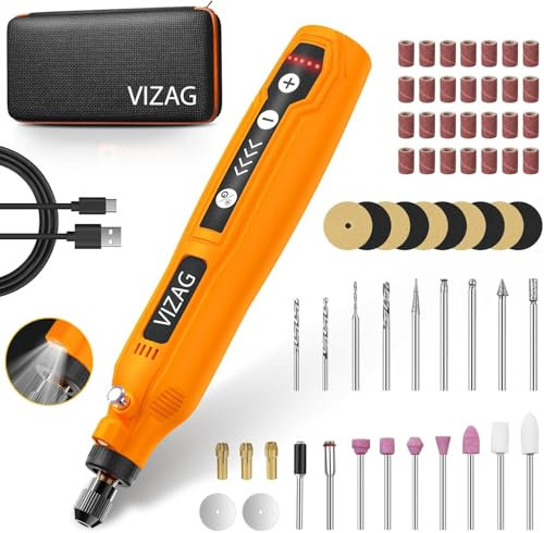 Vizag Cordless Rotary Tool Kit, 5-Speed Mini Electric Drill with 61 Accessories, Rechargeable Detail Sander & Engraving Pen, DIY Wood Carving, Polishing, Sanding & Craft Tool Set (Orange)