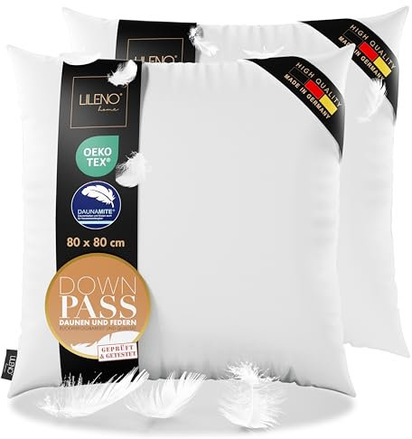 LILENO HOME 3-Kammer Daunenkissen 80x80 (2er Set) - Allergiker geeignet - Baumwoll Kissen 80x80 mit Federn & Daunen Füllung - langlebig & atmungsaktives Kopfkissen Daunen u. Federfüllung
