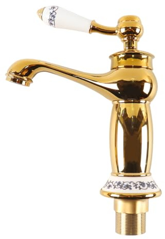 Sarini Mitigeur De Lavabo Rétro, Robinet Mitigeur De Luxe Victorien Avec Poignée En Céramique Florale, Robinet De Lavabo Monocommande Vintage Pour Vestiaire, Doré