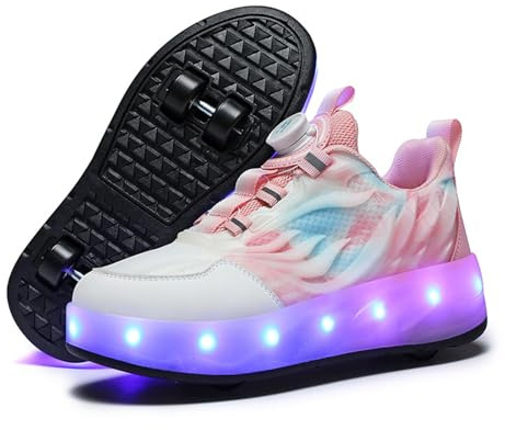 FANSU Chaussures avec des 4 Roues pour Garçons et Filles, 2 en 1 Chaussures à roulettes Retractable LED Lumières Enfant Patins à roulettes Adolescents pour Extérieur Sports (S883 Rose,33)