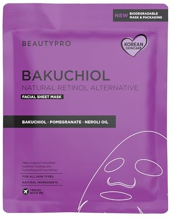 BEAUTYPRO BAKUCHIOL Natural Retinol Face Mask Hydrating Bamboo Facial Sheet Nourishing Korean Skincare Vegan Ingredients 100% Biodegradable Multi Award Winning Brand