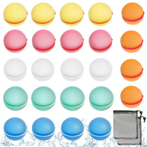 24 Stück Wasserbomben Wasserballons Selbstschließend Magnetische Wiederverwendbar Silikon Spritzbälle mit Mesh Bag für Wasserschlachten Pool Strand Familienaktivitäten (24 Stück)