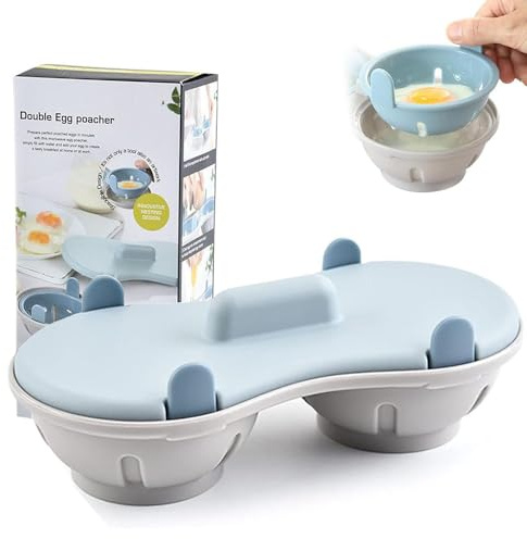 Microwave Egg Poacher - 2 Cavity Silicone Egg Cooker, BPA-Free & Dishwasher Safe, Quick Poached Egg Maker for Breakfast, Kitchen Cooking Gadget (Light Blue)