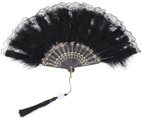 CABODYALS Black Folding Feather Fan Handheld Vintage Style 1920S Flapper Embroidered Lace Flower Patterns with Tassel Pendant Furry Foldable Fans for Women Costume Halloween Party Dancing Cosplay
