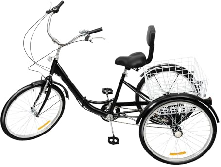 DioPaiB 24 Zoll Dreirad für Erwachsene, 3 Räder Fahrrad mit Einkaufskorb & Rückenlehne, Lastenfahrrad 7-Gang Outdoor Dreirad Tragfähigkeit 95kg, 3-Rad-Fahrrad Klappbar für Erwachsene Senioren, Schwarz