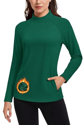 TACVASEN Women's Thermal Top Mock Neck Fleece Lined Ski Base Layer Shirt | Water Resistant Stretch Athletic Fleece Top with Zipper Pockets