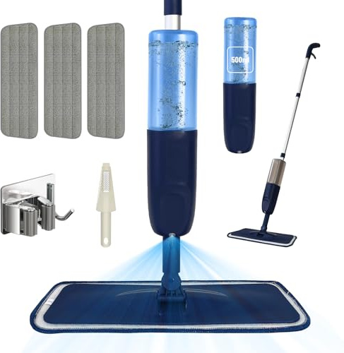 Bizcasa Mocio Lavapavimenti a Spruzzo, Spray Floor Mop Mocio Lavapavimenti con Bottiglia Ricaricabile, 3 Panni in Microfibra riutilizzabile, adatto a tutti i pavimenti (Blu - 500ml -3 Pads)